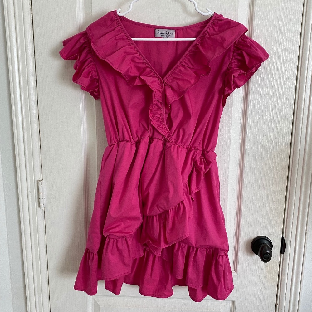 Hot Pink Ruffle Wrap-Style Mini Dress